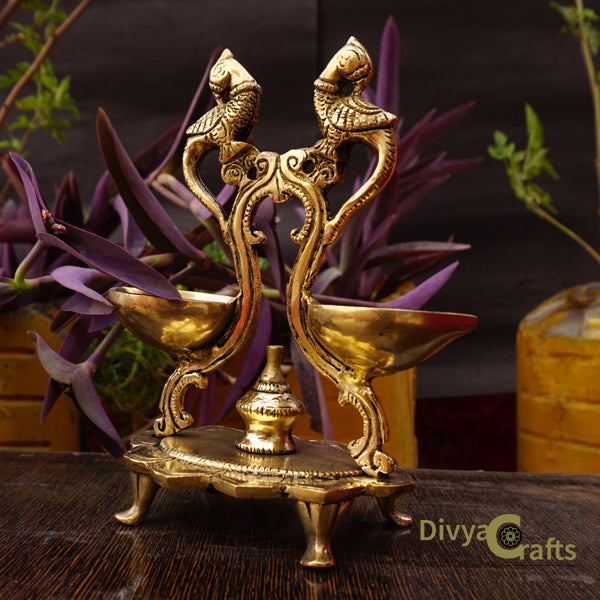 Brass Table Diya With Parrot Design Of Two Wicks