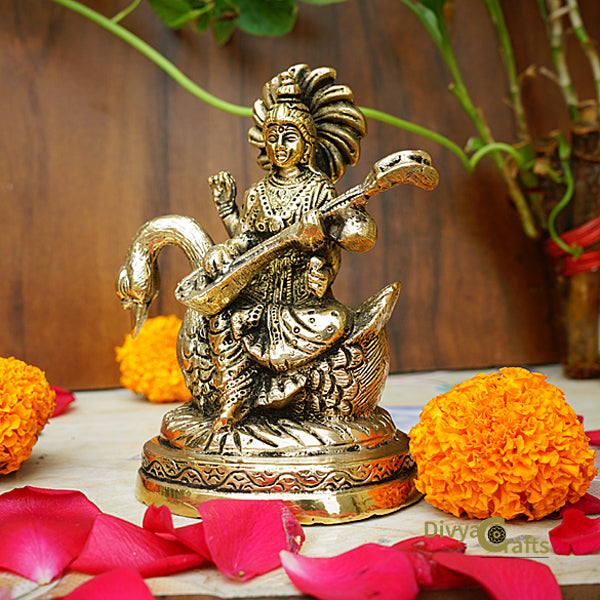 Brass Goddess Saraswati on Swan