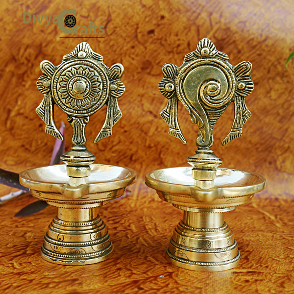 Brass Shankh Chakra Diya/Oil Lamp (7")