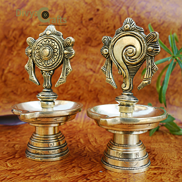 Brass Shankh Chakra Diya/Oil Lamp (7")