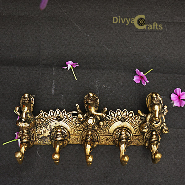 Brass Lord Ganesha Musicians Key Holder with Five Hooks (10")