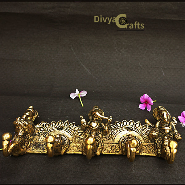 Brass Lord Ganesha Musicians Key Holder with Five Hooks (10")