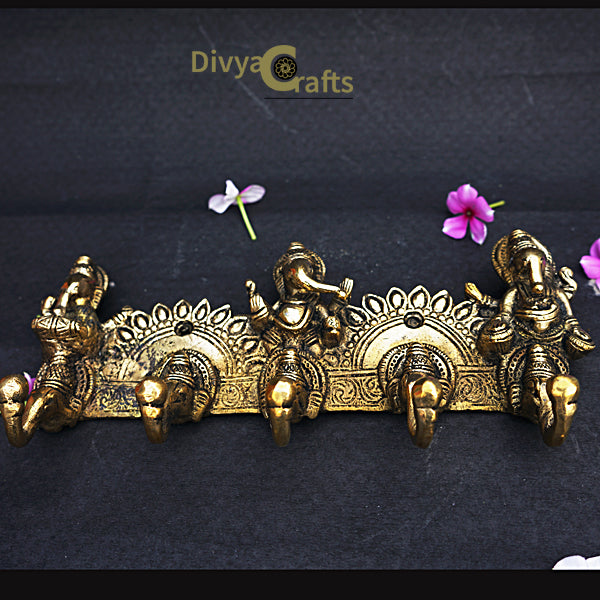 Brass Lord Ganesha Musicians Key Holder with Five Hooks (10")