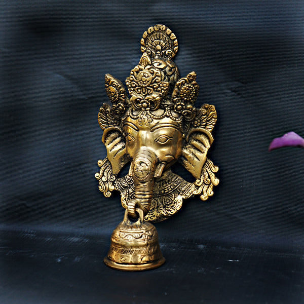 BRASS WALL HANGING GANESHA FACE WITH BELL (9 INCH)