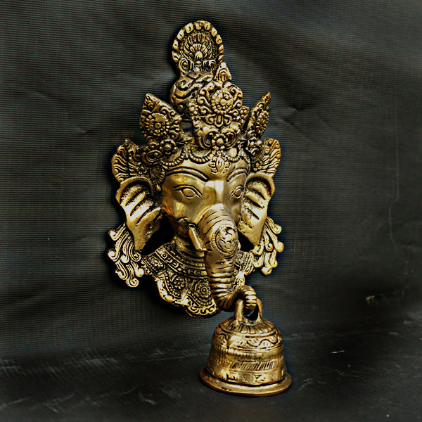 BRASS WALL HANGING GANESHA FACE WITH BELL (9 INCH)