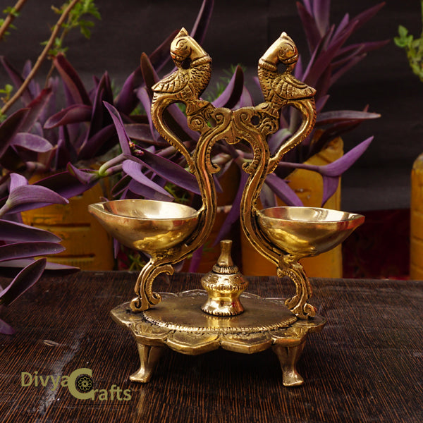 Brass Table Diya With Parrot Design Of Two Wicks