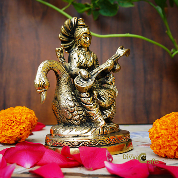 Brass Goddess Saraswati on Swan