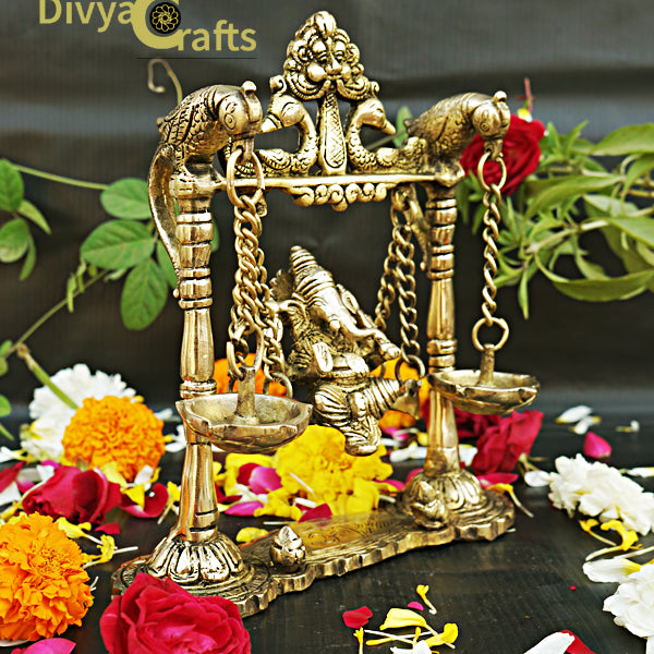 Brass Ganesha Jhula with Diyas (9")