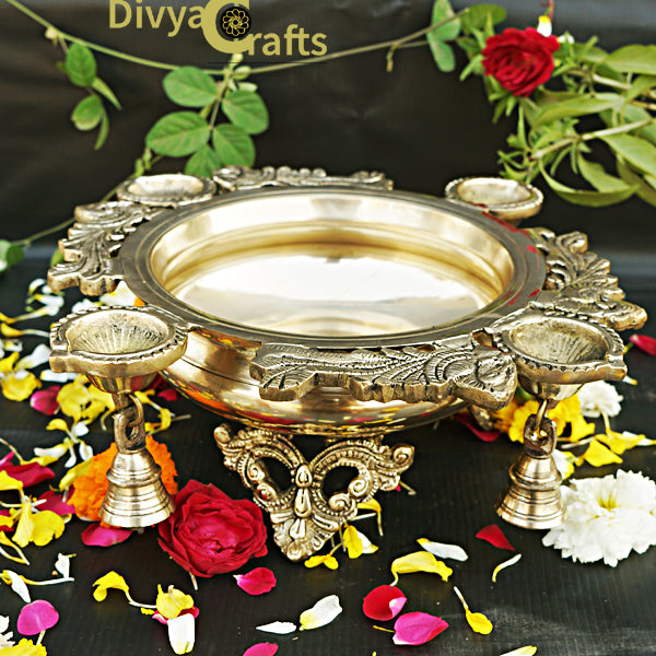 BRASS  URLI WITH Bells and Diyas/Oil Lamps (12")