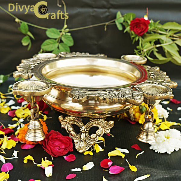 BRASS  URLI WITH Bells and Diyas/Oil Lamps (12")