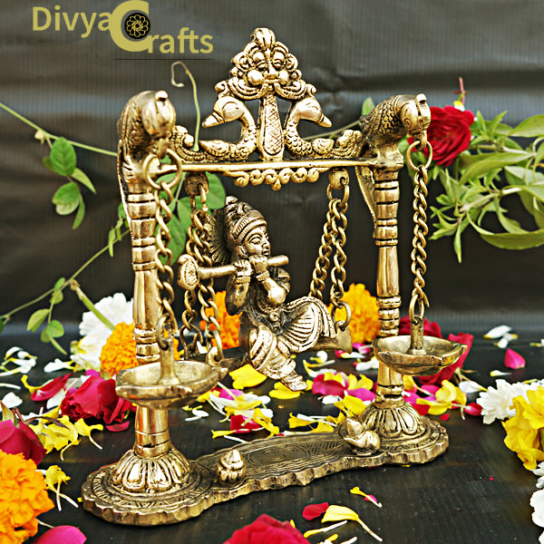 Brass Krishna Jhula with Diyas