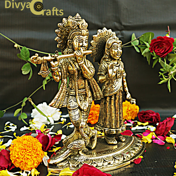 Brass Radha Krishna with Peacock Statue (8.5")