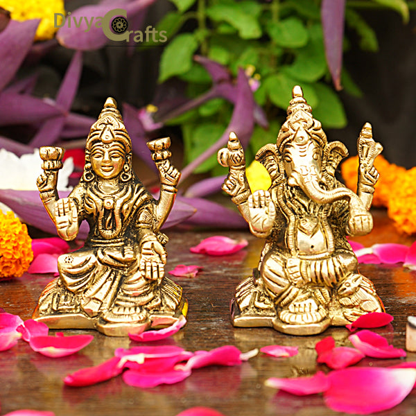 Brass Ganesh Lakshmi Idol (3.5")