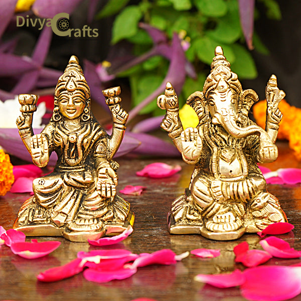Brass Ganesh Lakshmi Idol (3.5")