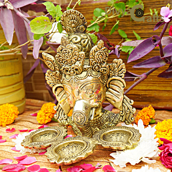 Brass Ganesha Three Diya/Oil Lamp