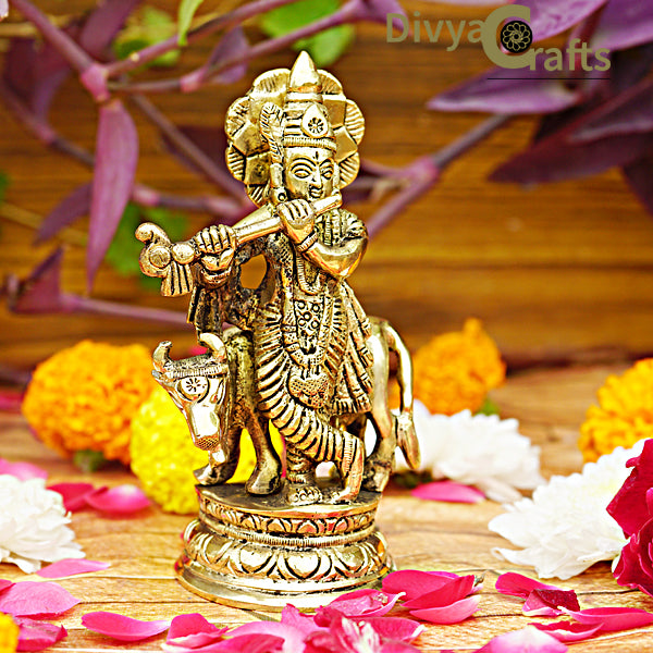 Brass Krishna with Cow Statue (5")
