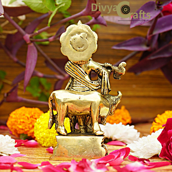 Brass Krishna with Cow Statue (5")