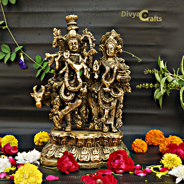 Brass Radha Krishna with Cow Statue (12")