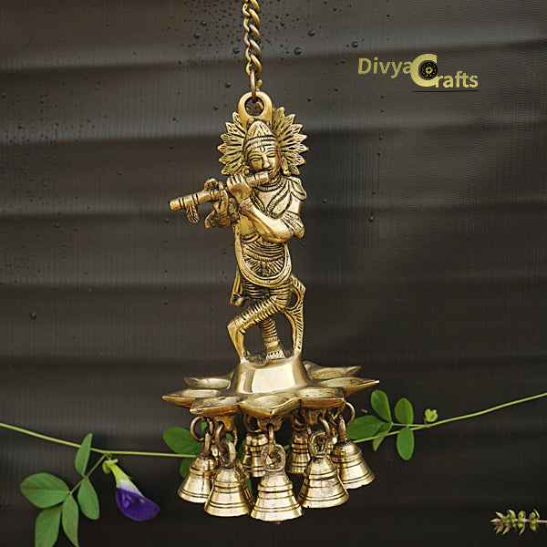 Brass Krishna Hanging Diya with Bells