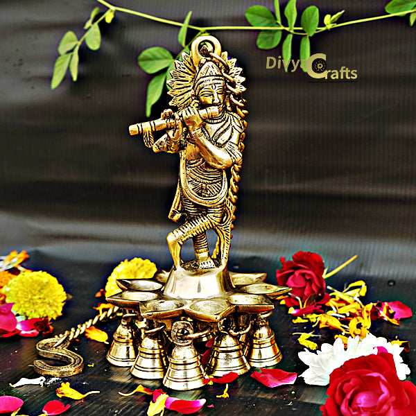 Brass Krishna Hanging Diya with Bells