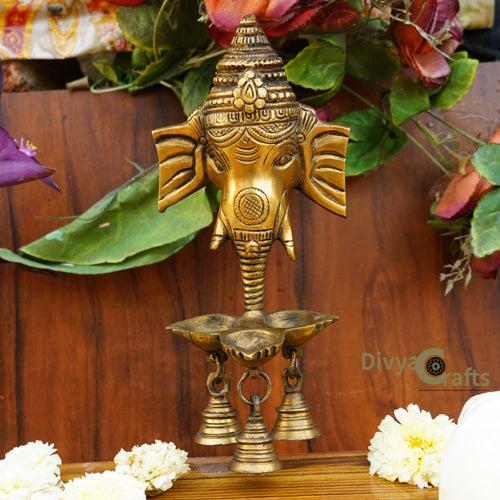 Brass Wall Hanging Three Diya/Oil Lamp with Small Bells