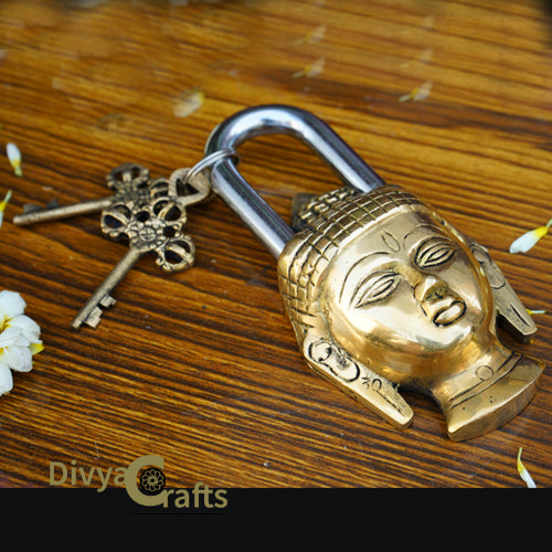 Solid Brass Buddha Padlock Gold Finish Antique Style Home Door Lock and Key Functional Vastu Lock Prosperity Lucky Lock, Royal Gift Lock, Unique Lock.