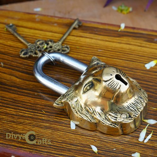 Handmade Lion Shape Brass Lock Antique Look Collectible Shaped Padlock and Key - Home and Office Security Lock