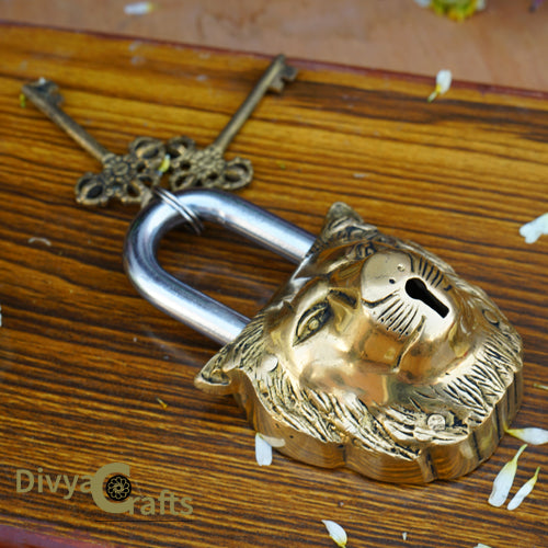 Handmade Lion Shape Brass Lock Antique Look Collectible Shaped Padlock and Key - Home and Office Security Lock
