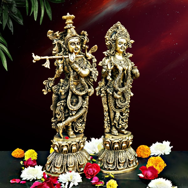 Brass Radha Krishna Statue Pair (18")